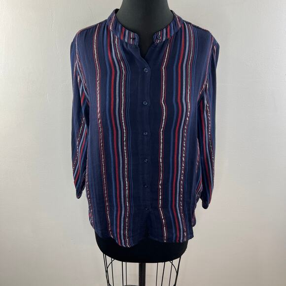 SUNDRY Multi Blouse Striped Print Cotton Blend Collarless Button Front Size 1 S - Picture 3 of 9